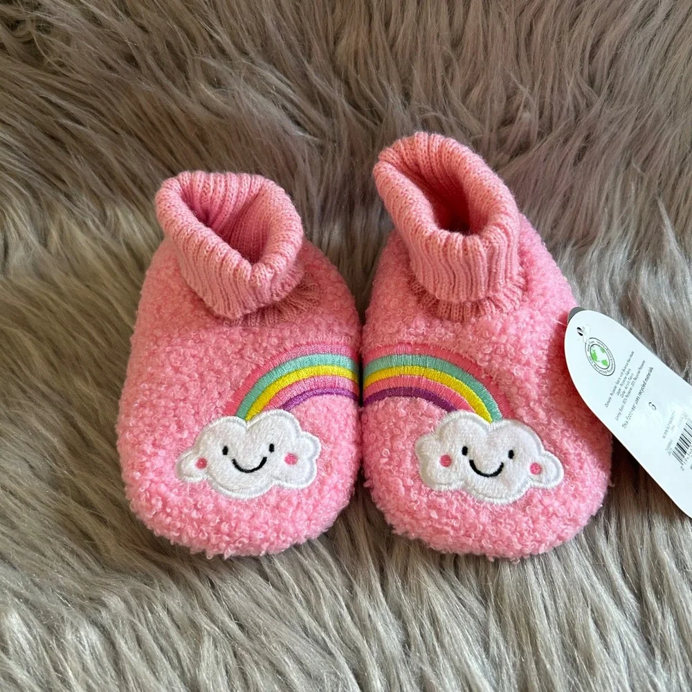 Wonder Nation Slippers Baby Girls Size 6 Pink Fuzzy Rainbow Shoes 18 Months NEW